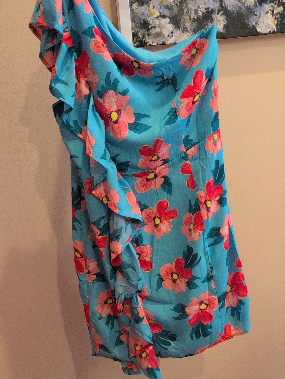Turquoise One-Shoulder Floral Ruffle Dress - Picture 5 of 6